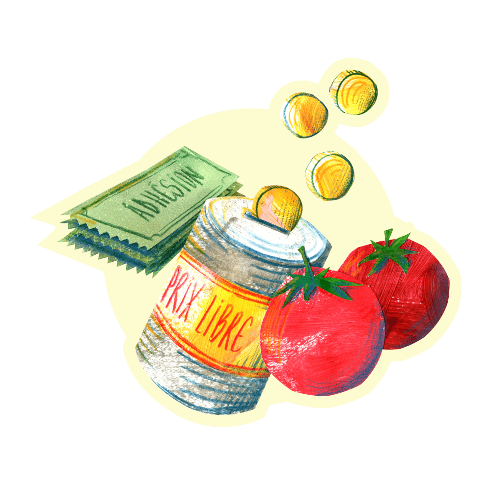 Collage représentant une boite à dons et un coupon d'abonnement